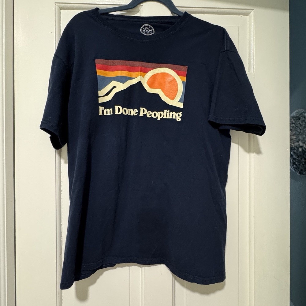 DOM T-Shirt "I'm Done Peopling" Short Sleeved Graphic Blue Large Mountain Sun